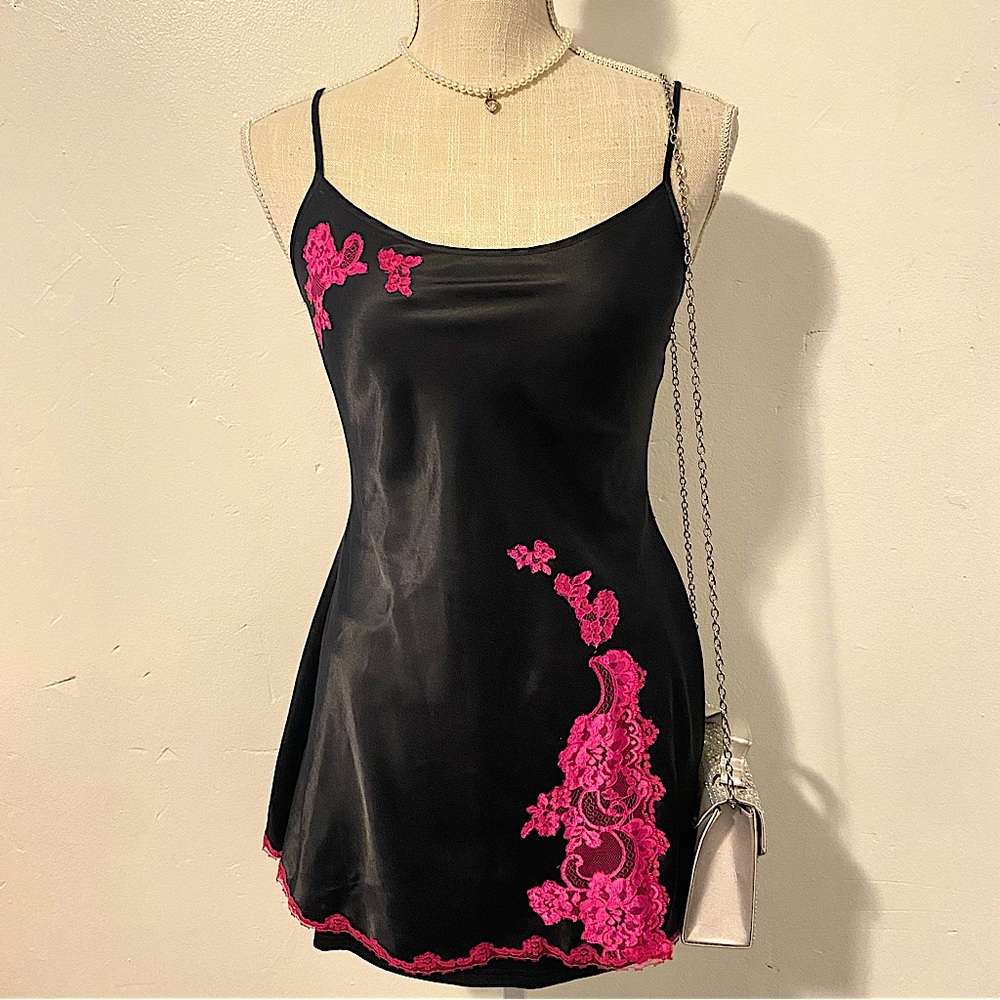 Victoria Secret Black and Pink Satin Slip